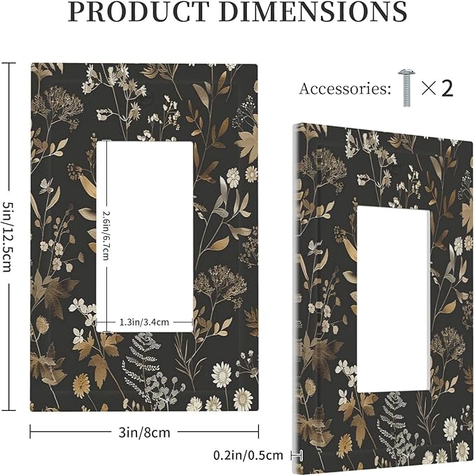 Decorative Outlet Covers Black Gold Floral Dark Leaves Vintage Flowers 1 Gang Single Rocker Light Switch Cover Plate Wall Plates GFCI Faceplate for Bed Room Home Decor