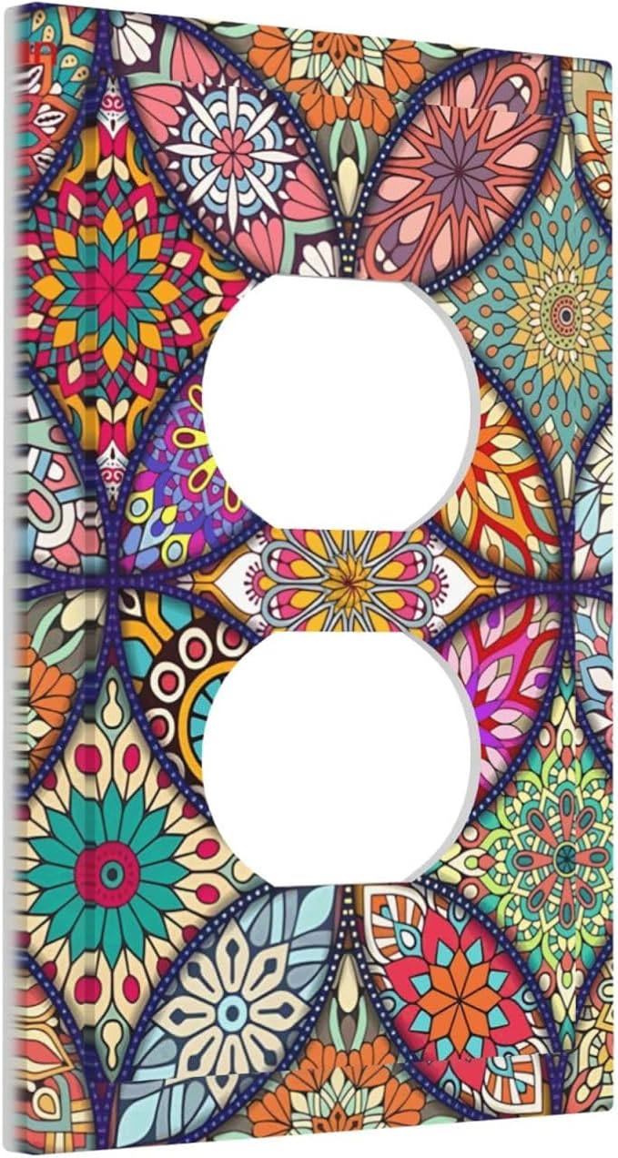 Boho Floral Pretty Colorful Mandala Flowers Outlet Covers 1 Gang Duplex Light Switch Cover Decorative Switch Plates Electrical Receptacle Faceplate Wall Plate for Bedroom Living Room Decor