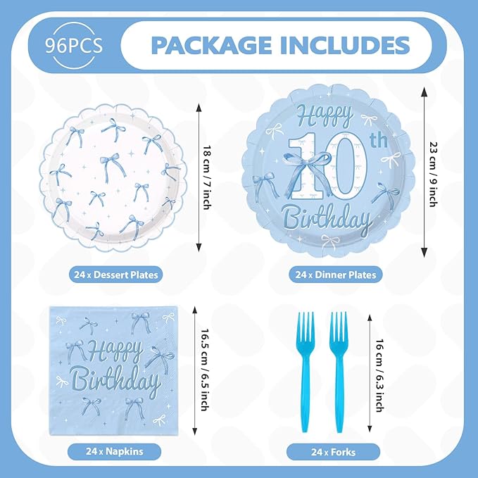 96Pcs Blue Bow 10th Birthday Party Decorations Blue White Happy 10th Birthday Scalloped Plates and Napkins Cute Bow Themed Tableware Set for Girls 10 Years Old Supplies Serves 24