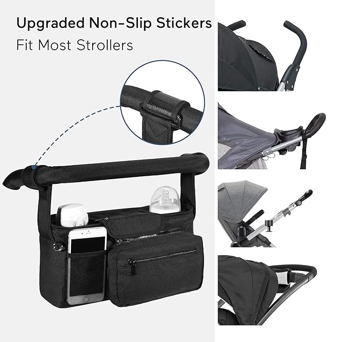 Momcozy NON-SLIP Universal Stroller Organizer | Insulated Cup Holder | Detachable Phone Bag & Shoulder Strap | Fits Uppababy, Baby Jogger, Britax, BOB, Umbrella and Pet Stroller