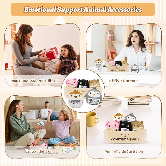 Emotional Support Plush Animal Set,6 Pcs Cute Animals Plush Toys and Fun Stuffed Animals with Positive Words,Soft Emotional Support Plushies with Basket,Positive Gifts for Kids,Men,Women