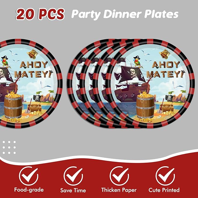 62Pcs Pirate Birthday Party Supplies Decorations, Pirate Treasure Theme Dinnerwares Includes 20pcs 9''Plates and 20pcs 7''Napkins with 2pcs Tablecloth for 20 Guests, Disposable Party Dessert Tableware
