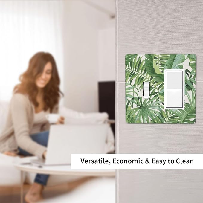 2 Gang Combination 1-Toggle 1-Rocker GFCI/Decorator Outlet Light Switch Cover Green Summer Tropical Forest Banana Palm Tree Leaf Plant Nature Decorative Combo Two Dual Device Receptacle Wall Plate