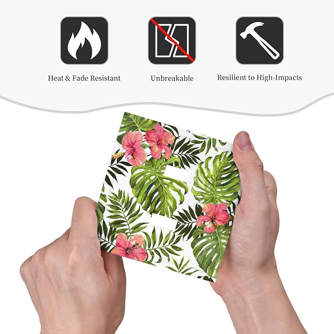 Tropical Plant Green Palm 2 Gang Light Switch Plate Decorative Double Toggle Wall Plate Banana Leaves Pink Flower Rainfores Jungle Botanical Receptacle Switchplate Decorate Home Living Room Bedroom