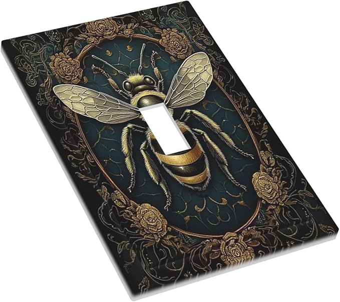 Decorative Light Switch Cover Mid Century Bee Dark Floral 1 Gang Single Toggle Device Electrical Faceplate Switchplates Decorator Outlet Wall Plate For Home Office Decor