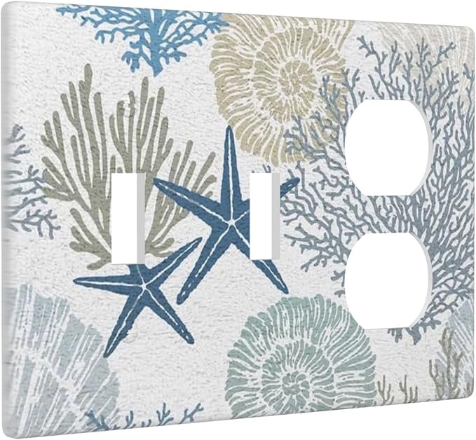 Teal Blue Nautical Beach Coral Starfish Theme Decorative 3-Gang Combination 2 Toggle 1 Duplex Wall Plate Receptacle Outlet Cover Conch Seashell Ocean Combo Device Light Switch Faceplate Cover