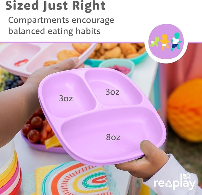 Re-play 3x3 Divided Toddler Plates and Utensils Set - Toddler Forks and Spoons Set - Dishwasher and Microwave Safe - Made in USA - Berry