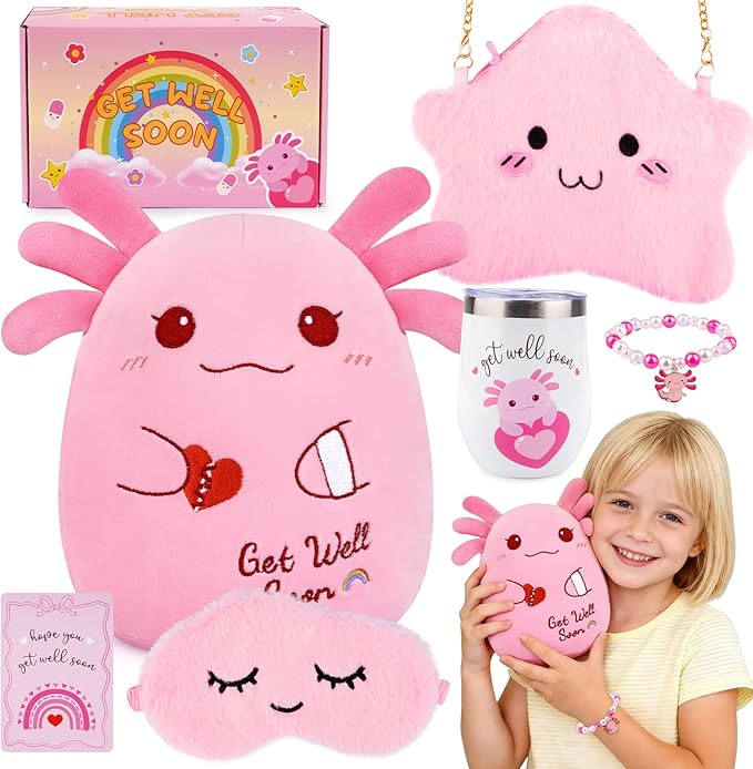 Get Well Gifts for Kids, Feel Better Gifts for Kids, Get Well Soon Basket with 8 inch Axolotl Get Well Soon Stuffed Animals, Get Well Gift Set for Girls After Surgery