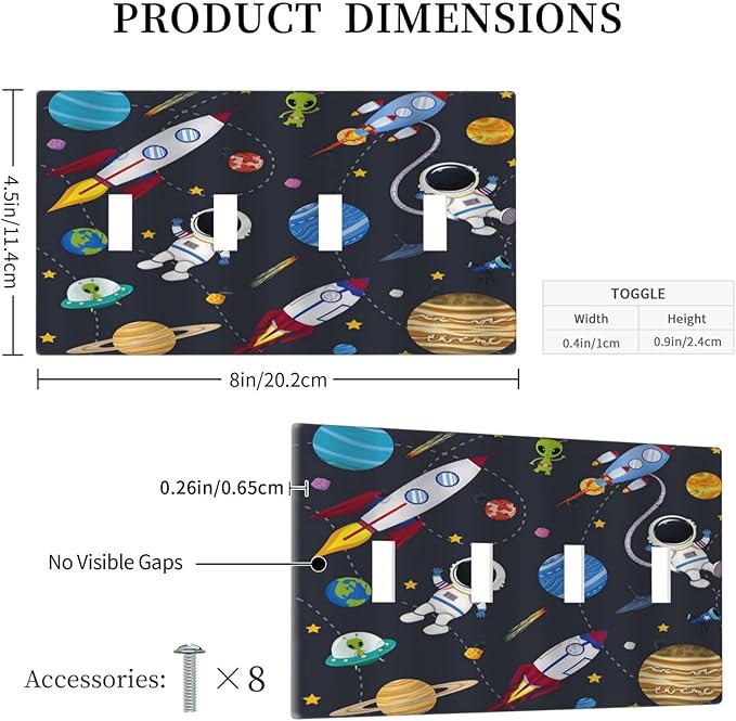 Rocket Planets Astronaut Blue Decorative 4 Gang Decorative light switch plate Quad Toggle Wall Plate Covers Switchplate Electrical Faceplate for Nursery Kidsroom Bedroom Decor