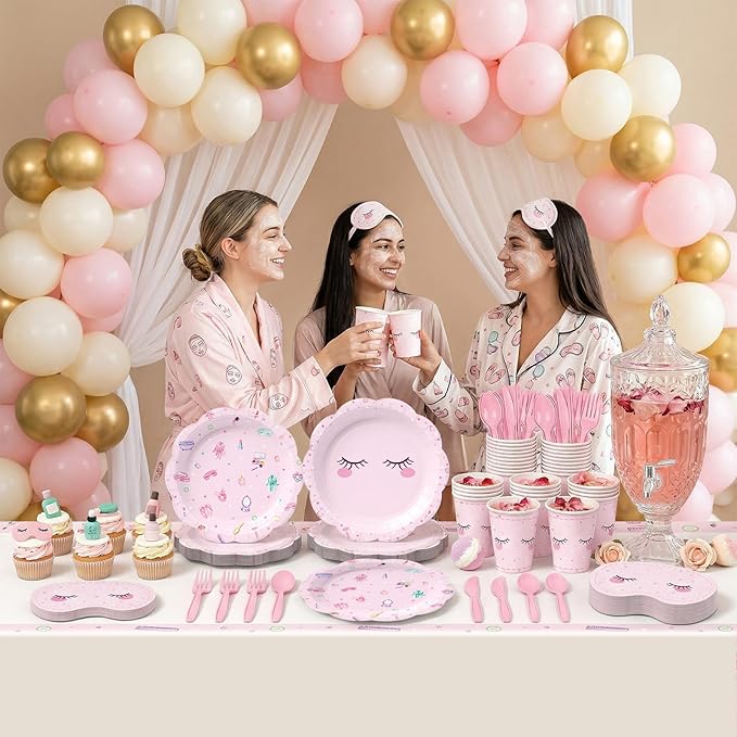 168Pcs Spa Paper Plates Napkins Pink Slumber Spa Tableware Set Sleepover Girls Makeup Birthday Party Supplies for Pajama Party Decorations Serves 24 Guests