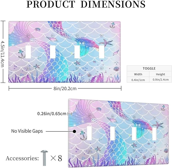 Cartoon Blue Purple Pink Girl Mermaid Scales Tail 4 Gang Quad Toggle Decorator Light Switch Cover Girly Kids Nursery Cute Conch Underwater Theme Wall Plate Decorative Electrical Faceplate Switchplate