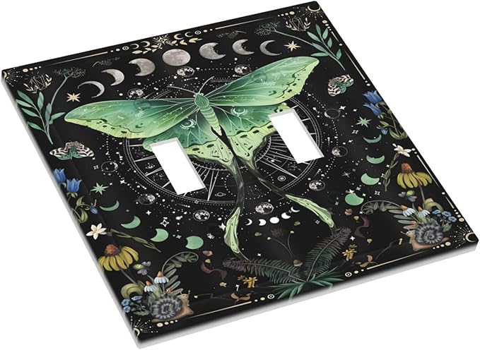 Moon Phase Butterfly Wildflower Plant Mysterious Night Moonlit Decorative Switch Plates 2 Gang Double Toggle Outlet Light Switch Cover Wall Plate Electrical Faceplate for Bedroom Living Room Decor