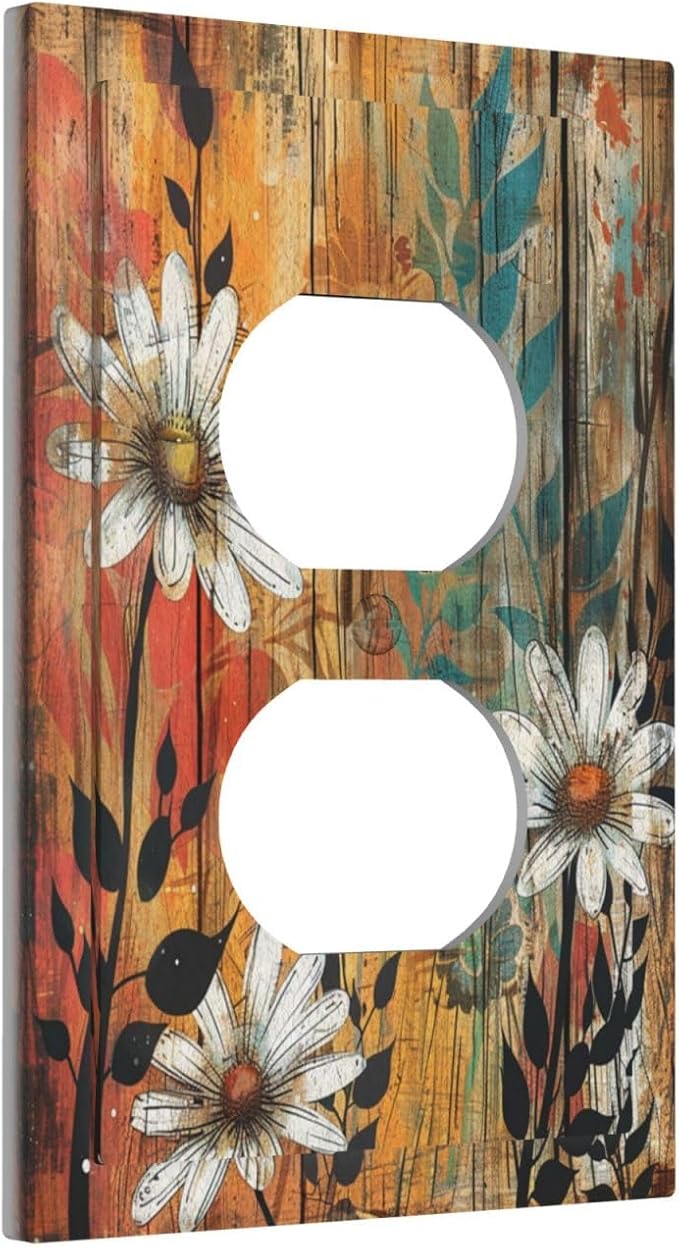 Decorative Outlet Covers Vintage Wooden Daisies Butterflies Floral 1 Gang Duplex Light Switch Cover Plate Electrical Switch plates Wall Plates Receptacle Covers for Bathroom Farmhouse Decor