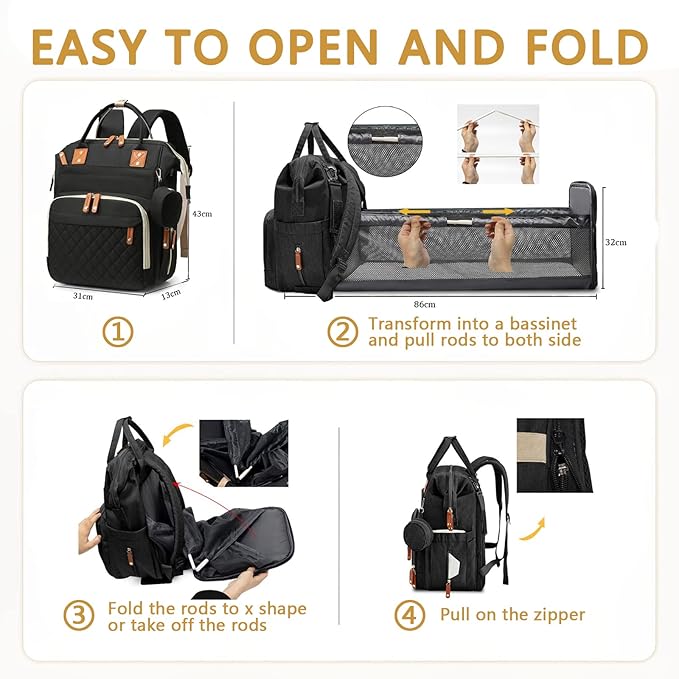 GurZinn Diaper Bag Backpack with Changing Station Portable 3 in 1 Multifunction Backpack Travel mommy bag Stroller Black