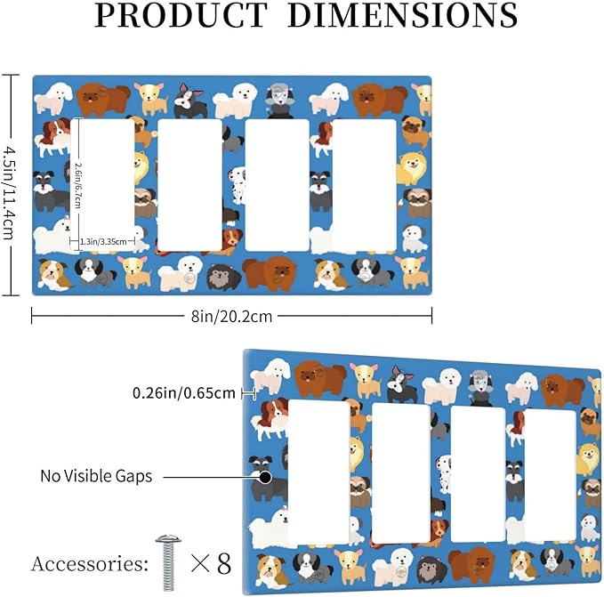 Cute Animal Dogs Puppy Decorative Outlet Cover Quad Rocker Light Switch Plate Cover Electricity Receptacles Plates For Home Kitchen Living Bedroom 8 * 4.5