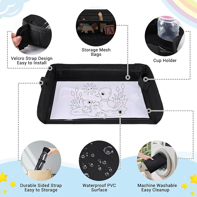 COOLBEBE Airplane Tray Table Cover, Foldable Travel Tray Cover for Toddlers 1-3, Universal Fit for Airplane, Car Seat, High Chair, Machine Washable, Portable, Black