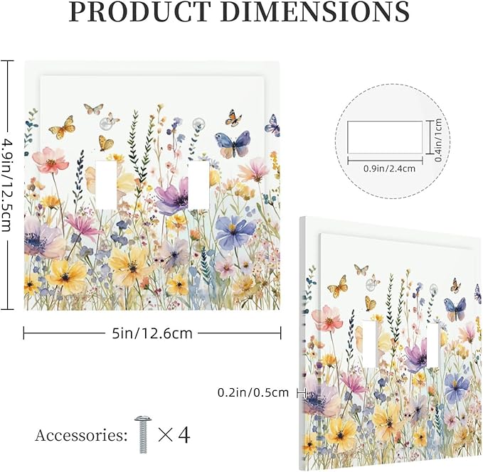 Wildflowers Colorful Flower Butterfly Floral Decorative Switch Plates 2 Gang Double Toggle Outlet Light Switch Cover Wall Plate Electrical Faceplate for Farmhouse Bedroom Decor