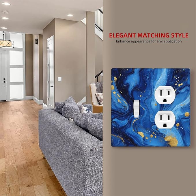 Light Switch Cover Plate Navy Blue Gold Marble Abstract Luxury 2 Gang Outlet Covers 1 Toggle 1 Duplex Socket Cover Wallplates Electrical Switch Plate Covers for Bathroom Home Decor