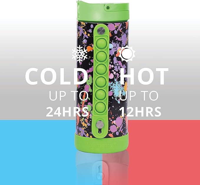 Elemental Iconic Kids Water Bottle with Straw Lid & Stress Relief Pop It Handle, Leak-Proof When Closed, Triple Insulated Kids Stainless Steel Water Bottle For Girls and Boys, 14oz -Green Splatter