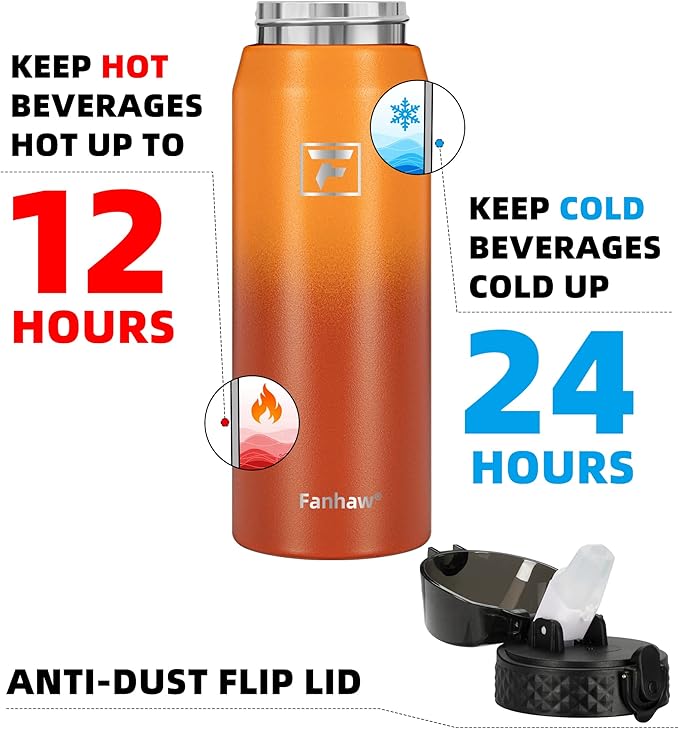 Fanhaw 24 oz Insulated Stainless Steel Water Bottle with Straw Lid, Leakproof & Anti-Dust Sports Bottle for Kids, Women & Men (Yellow Orange)