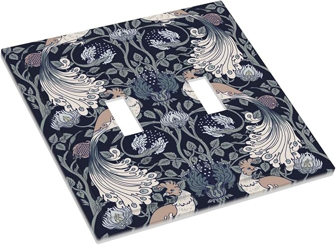 William Morris Vintage Floral Birds Peacocks Double Toggle Light Switch Covers 2 Gang Wall Plate Dual Decorative Switchplate Electrical Faceplate for Country Bathroom Bedroom Decor