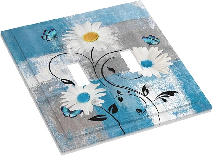Rustic Daisy Teal Blue Floral Vintage Plant Double Toggle Light Switch Covers 2 Gang Wall Plate Dual Decorative Switchplate Electrical Faceplate for Farmhouse Bathroom Bedroom Decor
