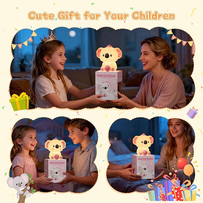 Kids Night Light, Portable 14 Colors Dimmable Warm Touch Koala Night Light Lamp for Baby Nursery, Breastfeeding, Room Decor, Girls Gift