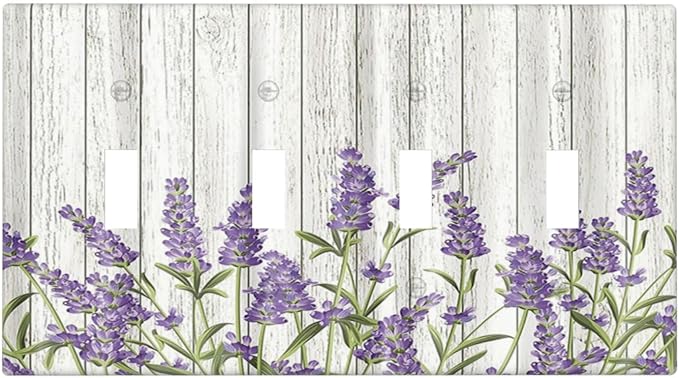 Rustic Wooden Plank Lavender 4 Gang Wall Plate Quad Toggle Light Switch Cover Decorative Outlet Covers Electrical Light Switches Faceplate for Bedroom Bathroom Kitchen Decor