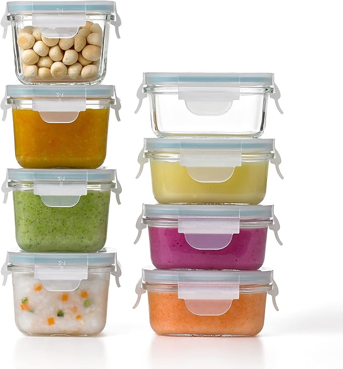 Glasslock Mini Reusable 5 Ounce Rectangular and 7 Ounce Square Tempered Glass Food Storage Container Set for Fridge and Freezer, 8 Piece Set