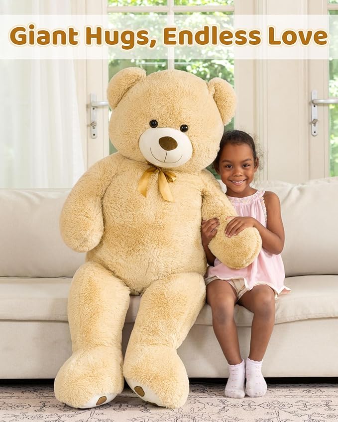 MaoGoLan Giant Teddy Bear Stuffed Animal, 52" Large Tan Teddy Bear Plush Toy with Cute Bow Tie & Footprints, Soft Sunggle Bear Plushies Gift for Kids Grilfriend Wife on Christmas Birthday Baby Shower