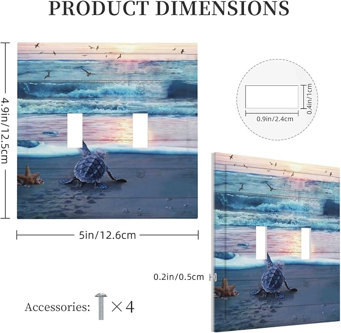 Nautical Sea Beach Navy Blue Turtle Seashells Starfish Ocean Coastal Seascape Marine Decorative 2-Gang Double Toggle Outlet Light Switch Wall Plate Electrical Receptacle Faceplate Cover Jumbo Size