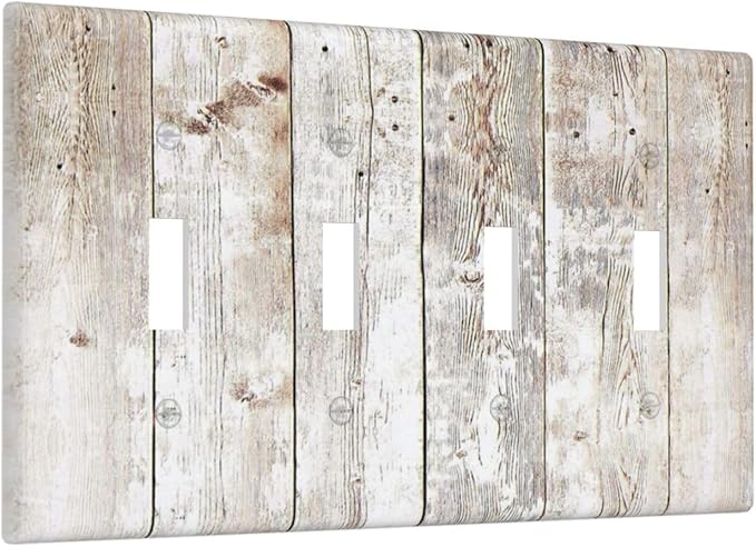 Vintage Light Wood Retro Rustic White Gray Oak Print Light Switch Covers Quad Toggle Electrical Faceplate 4 Gang Wall Plate Decorative Switch Plates Cover for Farmhouse Home Decor