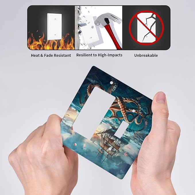 Light Switch Cover Plate Sailboat Ship Octopus Ocean Sea Waves 2 Gang Combo Wall Plates Toggle Rocker Decorative Switch Plates and Outlet Covers for Bathroom Bedroom Decor