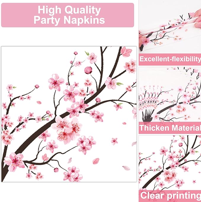 Qyeahkj 100 PCS Cherry Blossom Party Supplies Set Cherry Blossom Plates and Napkins Japanese Disposable Paper Party Tableware Forks Packs Decorations for Hibachi Spring Birthday Decoration Serve 25