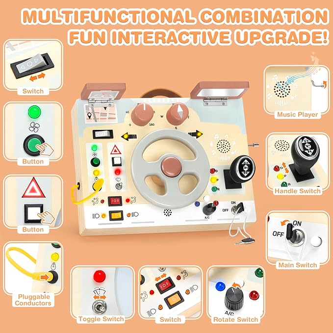 Joyreal Montessori Toddler Busy Board - Montessori Toys for 1 2 3 Years Old, Wooden Sensory Board with LED Lights, Steering Wheel, Music Player, Travel Toys for 1+ Year Old Boy & Girl Birthday Gift