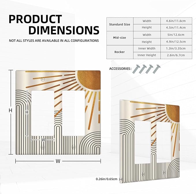 Mid Century Beige Boho Abstract Sun Vintage Arch 2 Gang Rocker Decora Light Switch Covers Decorative Outlet Covers Wall Plate Electrical Faceplate Switchplate GFCI for Country Bathroom Bedroom Decor