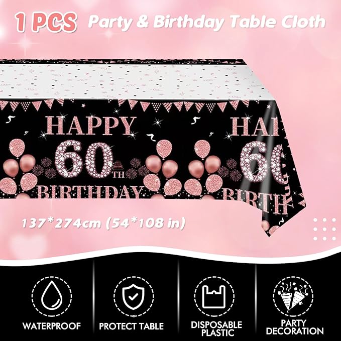 41Pcs 60th Birthday Decorations for Women, Vintage 60 Birthday Black and Rose Gold Disposable Paper Plates and Napkins Party Supplies for 20 Guests, 41Pcs Include 7" Plates Napkins and Tablecloth