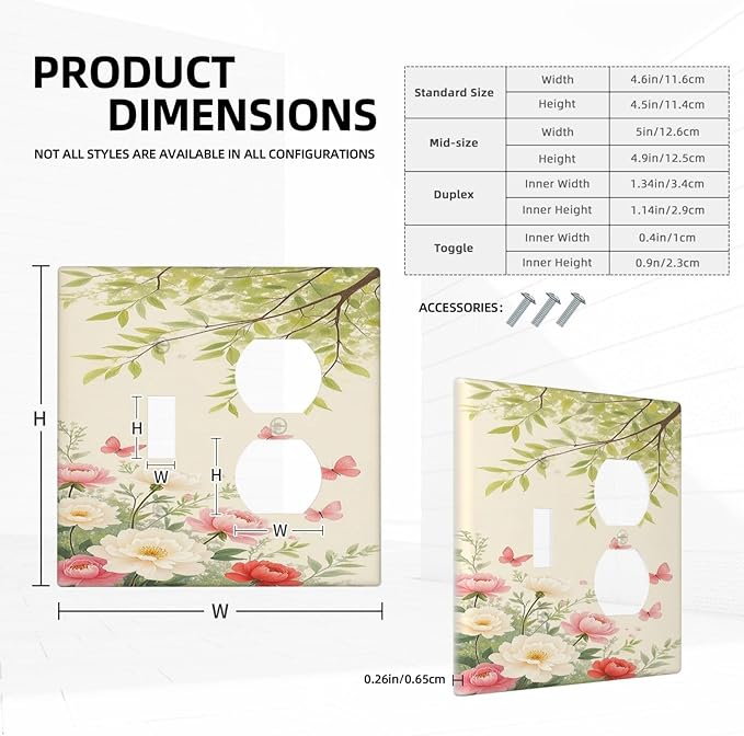 Wallplates Garden Flowers Green Leaves And Butterflies 1 Toggle 1 Duplex Switch Plate Electrical GFCI Faceplate Decorative Light Switch Covers for Bedroom Cabin Decor
