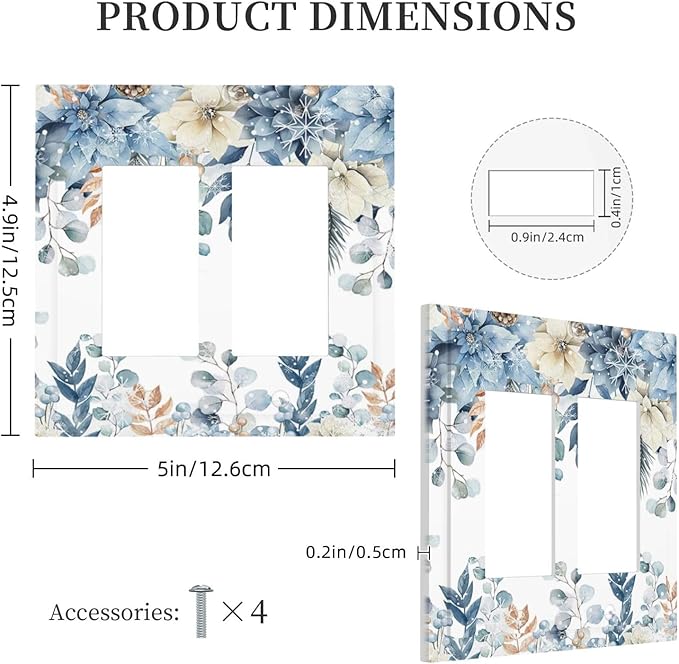 Blue Vine Snowflake Plants Leaves Floral Flowers Decorative Outlet Covers 2 Gang Double GFCI Rocker Electrical Wall Panels Light Switch Cover Plate for Bedroom Living Room Decor