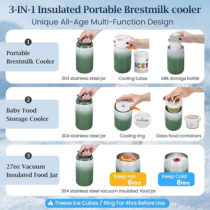 3-in-1 Breast Milk Cooler for 24H 360° Cooling, 11oz Breastmilk Chiller with Bottle & 8oz Baby Food Containers & 27oz Insulated Food Jar, Fits from Baby to Adult for Outdoor, Work & Travel - Green