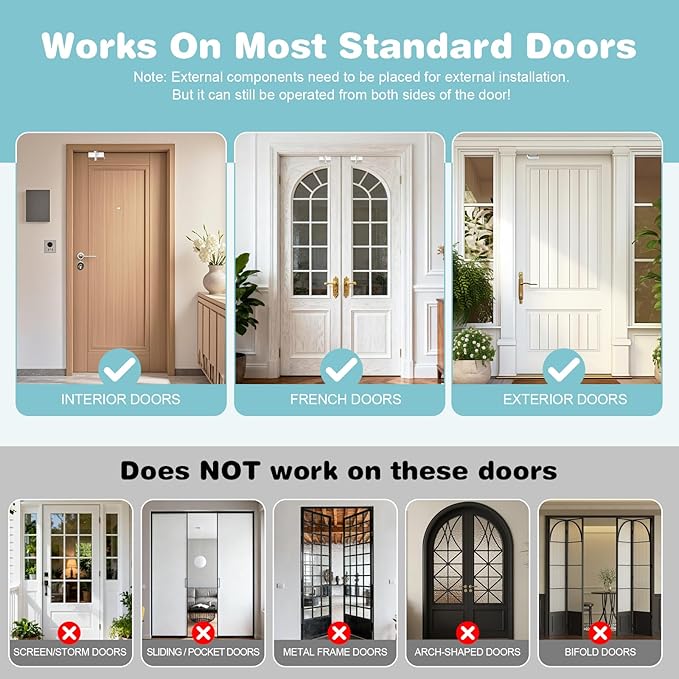 Child Safety Door Top Lock, Adjustable Metal Child Proof Door Top Locks for Interior&Exterior&French Doors, Lock & Unlock from Both Sides for Stop Kids Pets, Fit 0.6-2 inch Thick Doors (2Pack White)