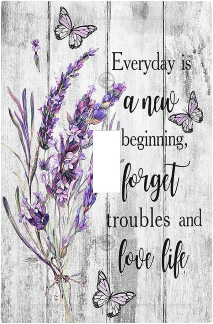 Decorative Light Switch Cover Plate Purple Lavender Flower Butterfly on Wood Plank 1 Gang Single Toggle Wall Plates for Electrical Outlet Covers Switch Plate Covers Faceplate for Home Decor