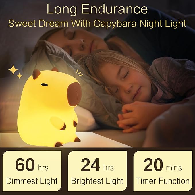 YR YRHH-PET Capybara Cute Night Light, Squishy Capybara Lamp Fun Gift, Rechargeable Dimmable Silicone Touch Nightlight For Kid, College White Elephant Gifts, Capibara Stuff Toy, Baby Nursery LED Décor