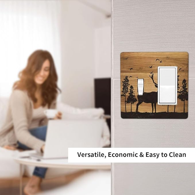 Elk Moose Forest Hunting Pyrography Art Wood Texture Print Outlet Covers 1 Toggle 1 Rocker Combination Decorative Wall Plate Electrical Switch Plates Light Switch Cover Plate for Farmhouse Bedroom