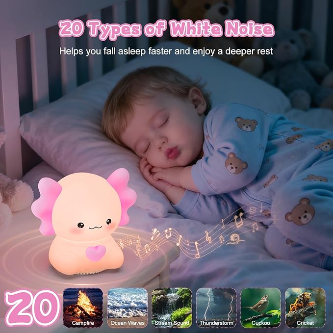 Kids Night Light with Wireless Speaker, Portable 7 Colors Dimmable Warm Touch Night Lamp with Remote Control, White Noise Machine for Baby Sleeping with Night Light