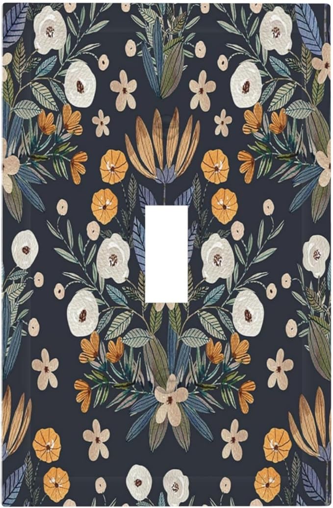 Boho Leaf Floral Navy Blue Background 1 Gang Light Switch Covers Single Toggle Wall Plate Decorative Switchcover Electrical Switchplate for Farmhouse Country Bedroom Bedroom Decor