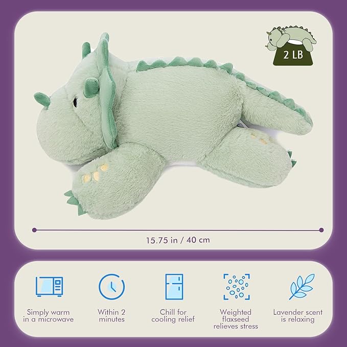 KOWSI® Microwavable 2 LB Weighted Stuffed Triceratops Animals Plush - 16 Inch Heated Dinosaur Plushie for Warmth & Comfort - Light Green Dino Squished Pillow - Cute Soft Toy for Adults & Children