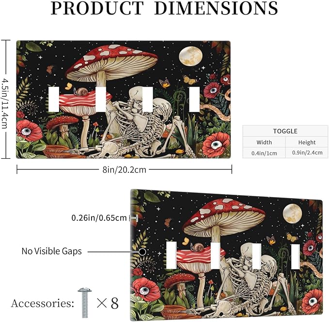 Mushroom Skull Skeleton Moon Quad Toggle Light Switch Cover Decorative 4 Gang Switch Plates Cover Star Plants Flora switchplate for Bathroom Home Living Room Decor 8 X 4.5 In
