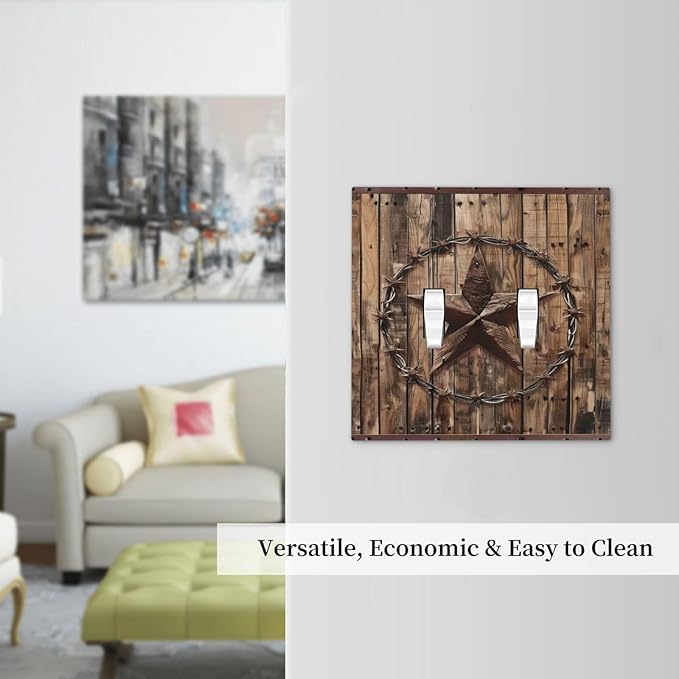 Outlet Covers Rustic Star Western Cowboy Wood 1 Gang Duplex Light Switch Cover Plate Decorative Wall Plates Electrical Switchplate Receptacle for Farmhouse Home Decor（2 Pack）