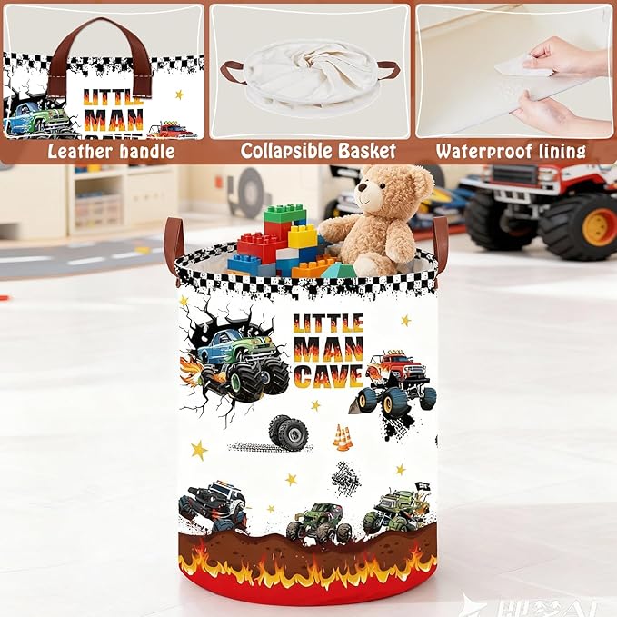 Monster Trucks Laundry Hamper,Car Room Decor Storage Basket,Kid Valentine's Day Gift Toy Bin Nursery Hamper, Collapsible Clothes Book Organizer Bin for Boy (Round)